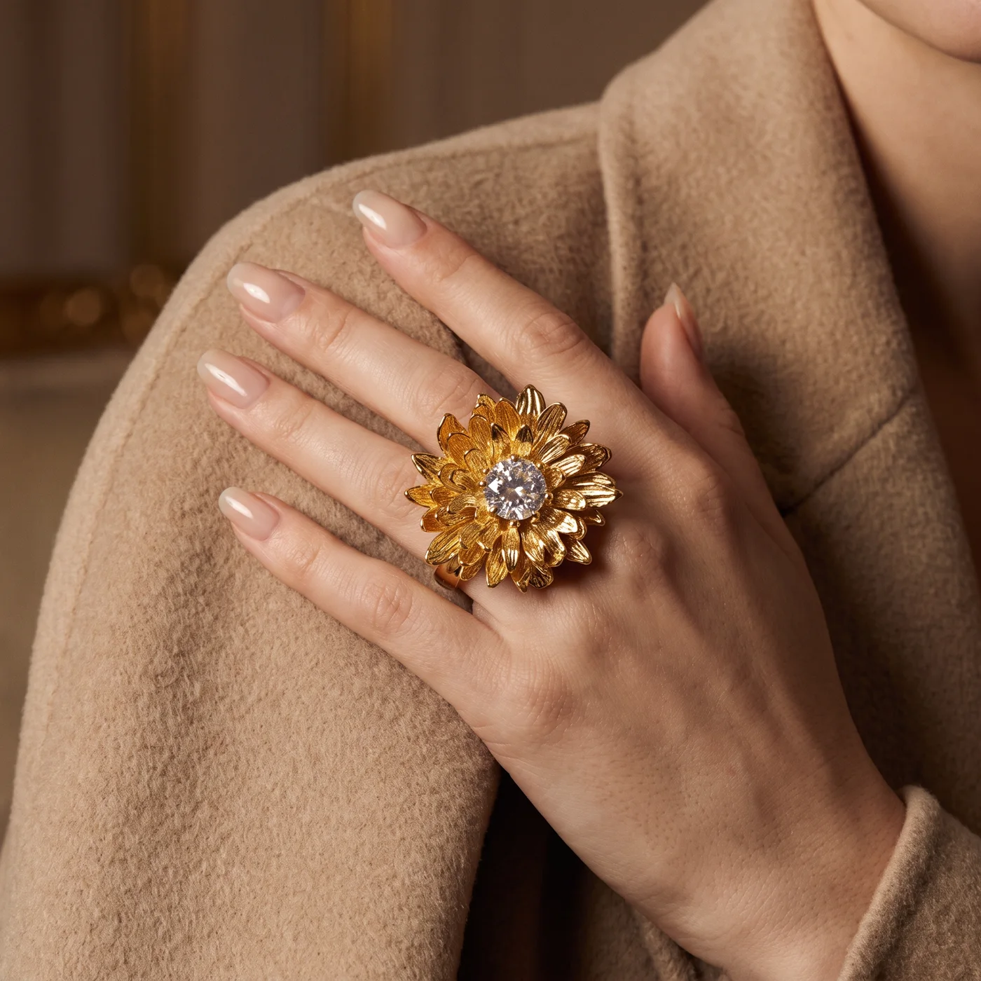 Flower ring worn in a custom jewelry case