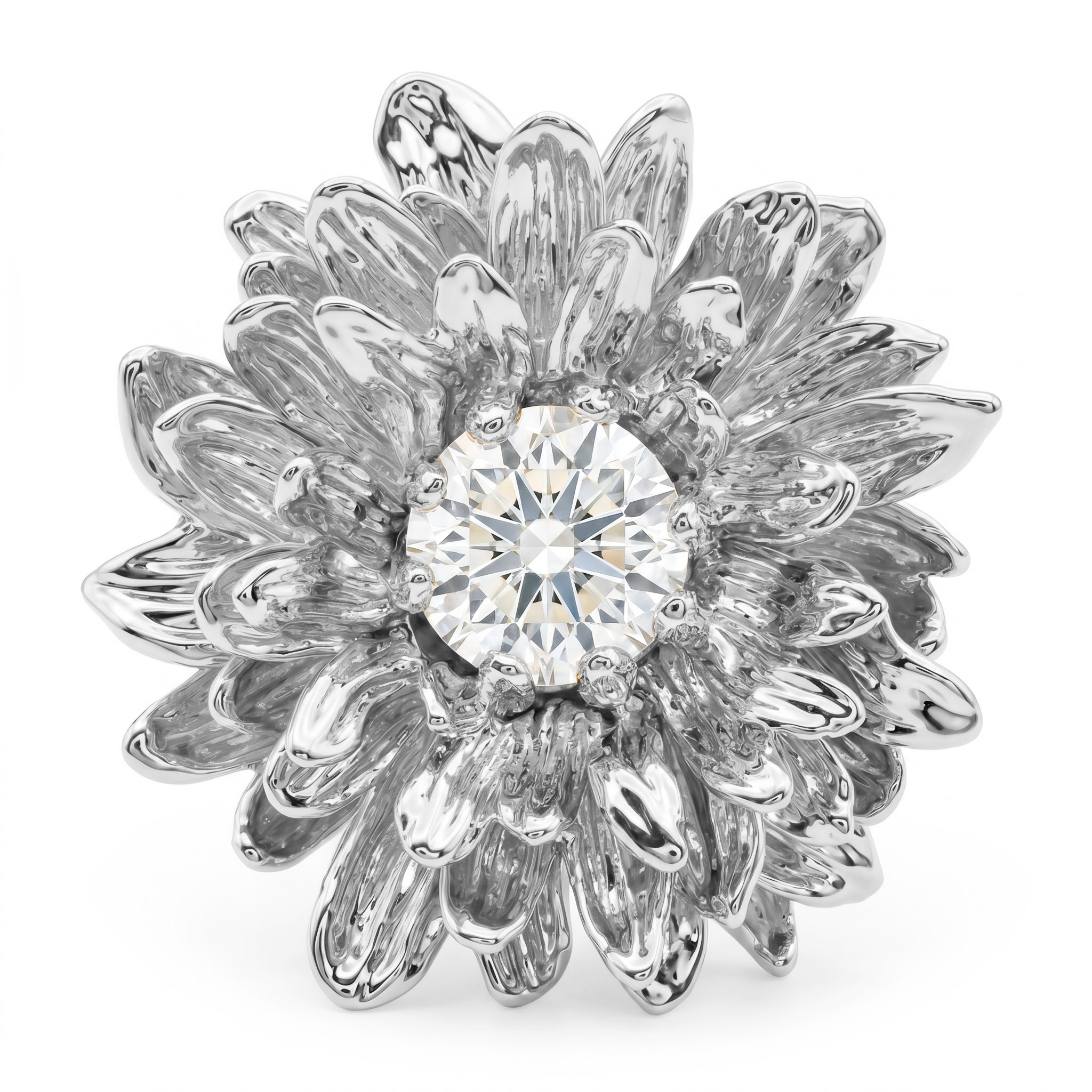 Silver sculptural floral ring with a central clear stone