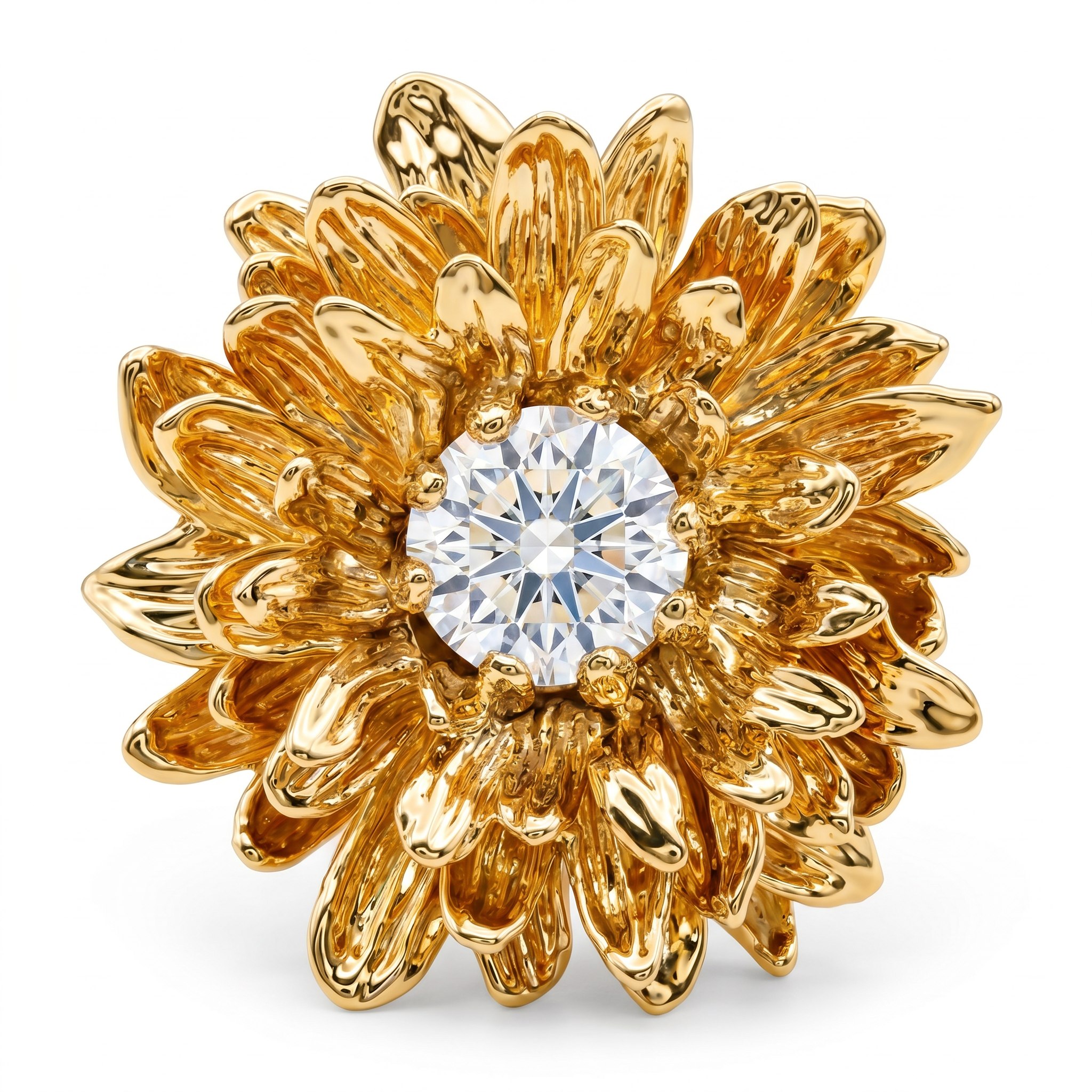 Gold sculptural floral ring with a central clear stone