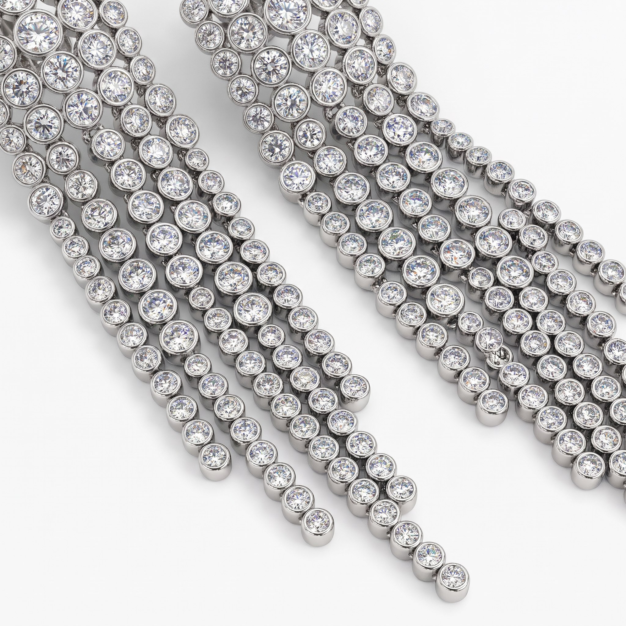 Close detail of silver-tone crystal tassel jewelry