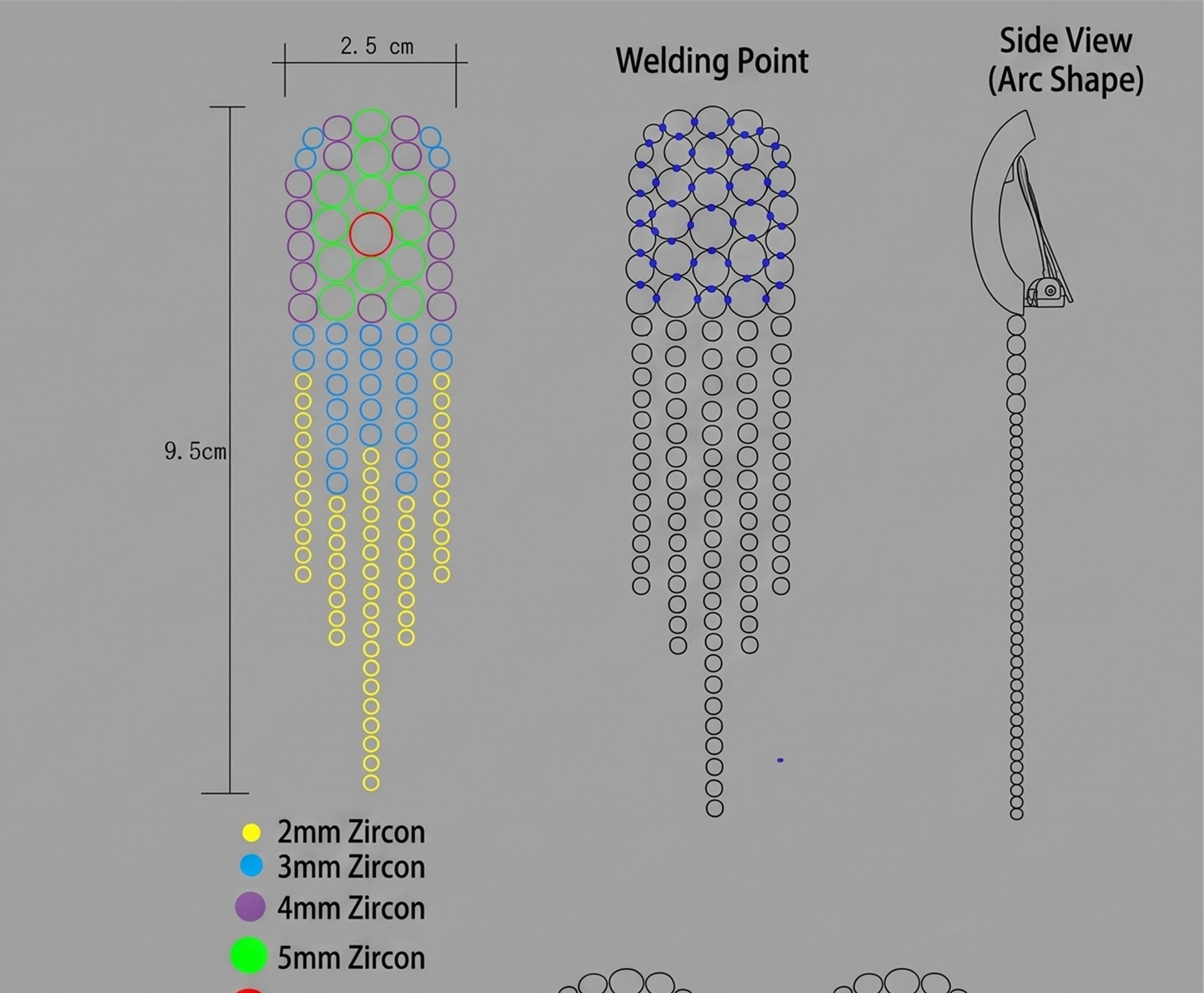 Technical stone map and construction study for tassel earrings